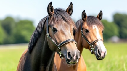 Fototapeta premium Two beautiful, light brown horses, heads and necks close together, in a grassy field, under a bright sky