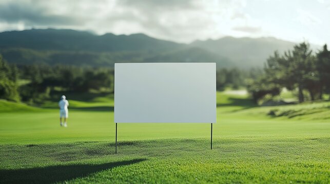 Blank White Golf Course Signboard Mockup Green Grass Landscape Summer Day Advertising Template Outdoor Promotion Real Estate Signage Nature Background - Powered by Adobe
