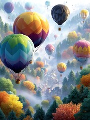 Fototapeta premium Vibrant anime-style hot air balloons drift serenely over a picturesque valley shrouded in mist a breathtaking high-resolution digital artwork showcasing autumnal foliage and a