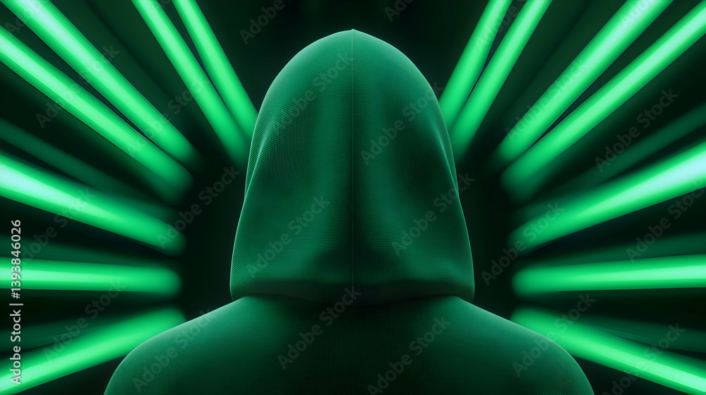 Poster mysterious hooded figure in green neon light array