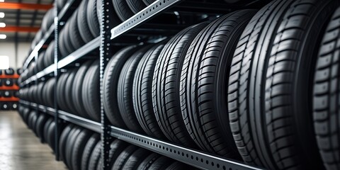 Rows of car tires neatly stored on industrial metal shelves in a modern warehouse, showcasing automotive inventory, storage efficiency, and tire retail organization
