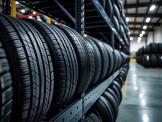 Automobile tires arranged on racks in a well-lit warehouse environment, representing vehicle maintenance, tire sales, storage systems, and professional workshop setup

