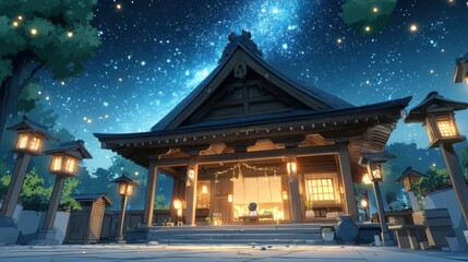 Obraz premium A serene anime-style temple bathed in the soft glow of lanterns under a breathtaking night sky filled with stars, offe a peaceful and tranquil scene perfect for digital art and