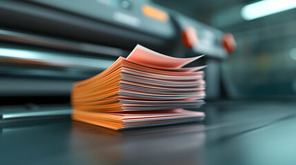 Neat Stack of Freshly Printed Orange Papers Near Industrial Printing Machine