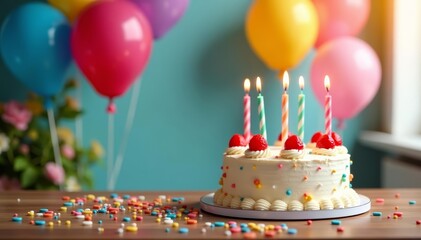 Colorful balloons and birthday cake on table, happy birthday celebration at home, celebrating, brother