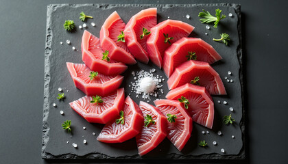 Fototapeta premium Fresh Tuna Sashimi Platter Decorated with Herbs on Slate Background 