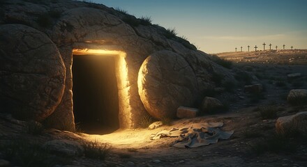 Crucifixion and Resurrection. He is Risen. Empty tomb of Jesus with crosses in the background and cinematic lighting. Easter or Resurrection