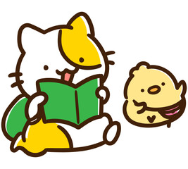 仲良く旅行を楽しむねことひよこのキャラクターのかわいいデフォルメイラスト © choconasu