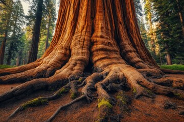 Massive redwood tree base with exposed roots in a sunlit forest.