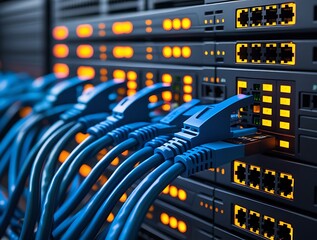 Naklejka premium Blue LAN cables connected to a server switch panel with LED indicators, representing fast internet, cloud technology, and data center communication hardware