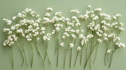 White Baby's Breath flowers arranged on sage green background.