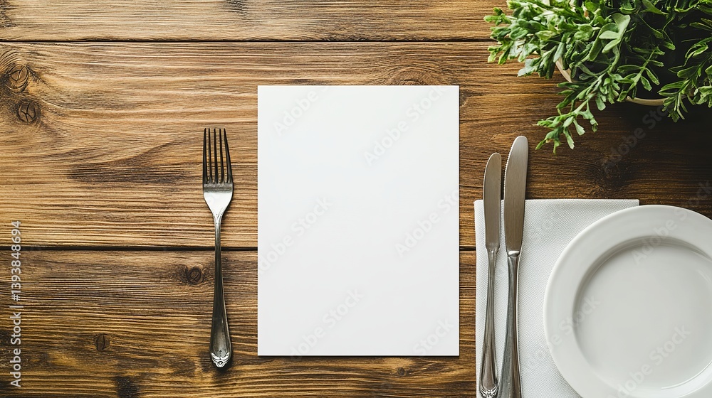 Poster elegant rustic table setting mockup blank menu card wooden background restaurant place setting food 