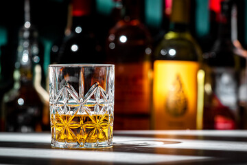 American tennessee whiskey in glass and bottles of strong drinks on dark green background, hard...