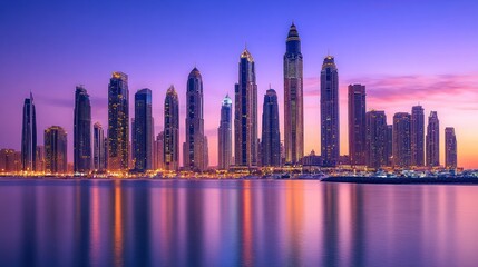 Skyscrapers at sunrise over a calm harbor