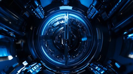 Futuristic Technology Tunnel with Blue Neon Lights and Complex Details