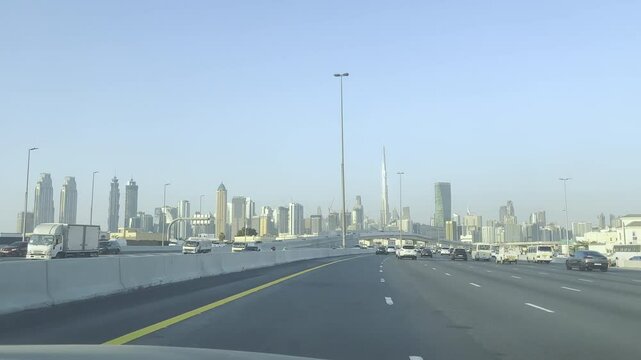 Driving Through Dubai Pov Driving Car Front Panorama Video Driving Plate. Driving south on D68 Al Khail Rd

