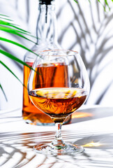 Spanish Brandy in glass with bottle on white background
