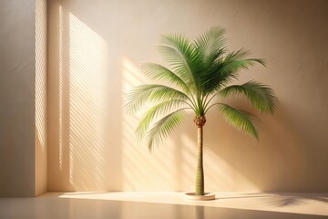 Fototapeta premium Serene Minimalist Interior Design Featuring a Lush Indoor Palm Tree Basking in Sunlight Streaming Through Window Blinds