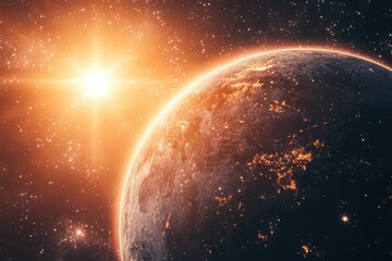 Obraz premium A radiant sun illuminates a vibrant, Earth-like planet, showcasing its illuminated continents and starry backdrop.
