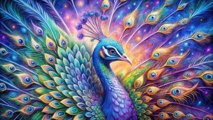 Vibrant Peacock with iridescent plumage displaying a majestic tail in a cosmic, fantasy setting