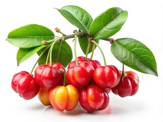 Obraz premium A Bunch of Ripe Acerola Cherries on the Branch with Green Leaves Isolated on White Background