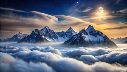 Majestic snow-capped peaks rise above a sea of clouds under a brilliant full moon and starlit sky, a breathtaking nocturnal landscape