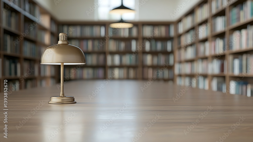 Poster a serene library scene featuring a central lamp, surrounded by bookshelves filled with books, creati