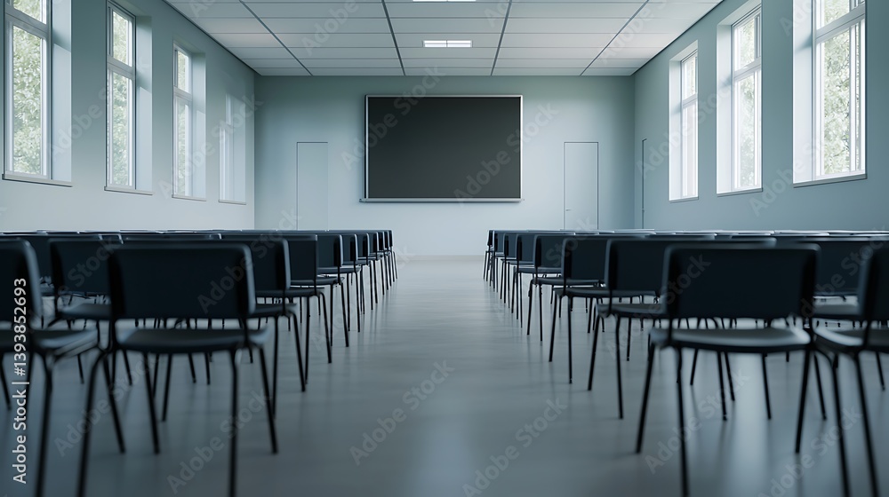 Poster a modern, empty classroom featuring rows of chairs, large windows, and a central screen, creating a 