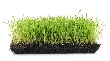 Isolated vibrant green grass sod block with roots and dark soil on white