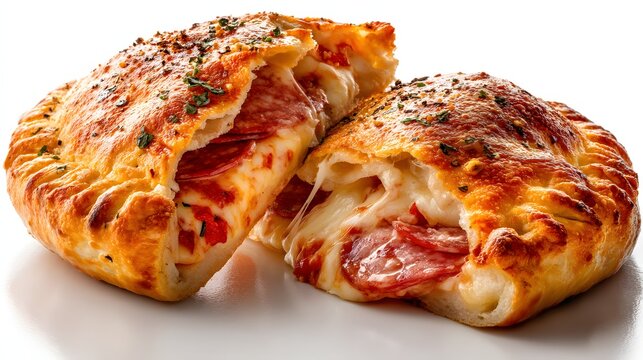 Delicious calzones filled with pepperoni and cheese, baked to golden perfection with savory herb garnish. A culinary treat!