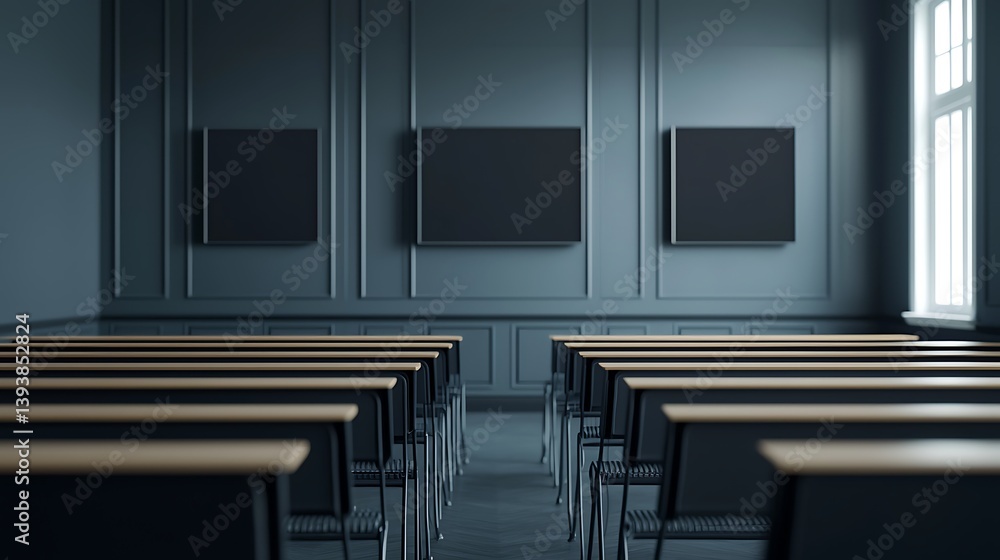 Poster a modern classroom setup with rows of desks facing blank screens on the walls, featuring a dark colo