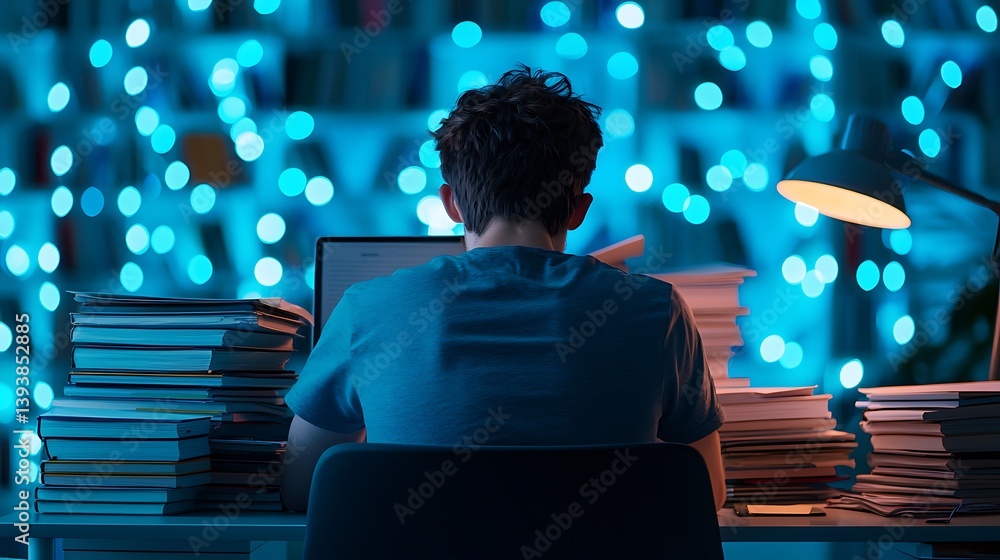 Poster a person studies at a desk surrounded by stacks of books and illuminated by warm lamp light against 