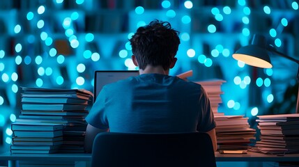 A person studies at a desk surrounded by stacks of books and illuminated by warm lamp light against a backdrop of blue bokeh lights.