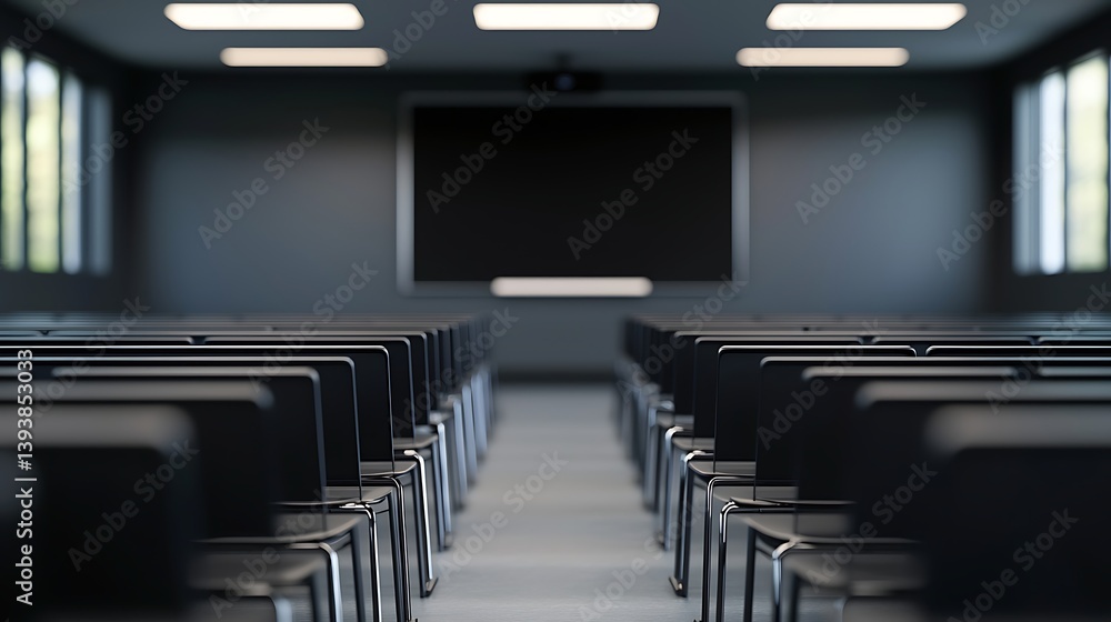 Poster a modern classroom with rows of black chairs facing a blank screen, illuminated by natural light fro