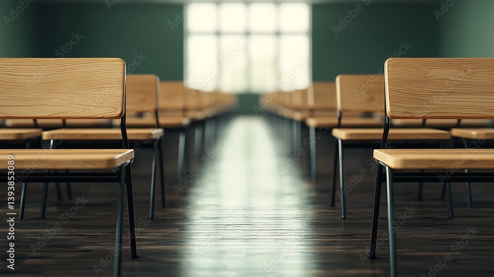 Poster a serene classroom scene featuring rows of wooden chairs arranged neatly on a polished floor, illumi