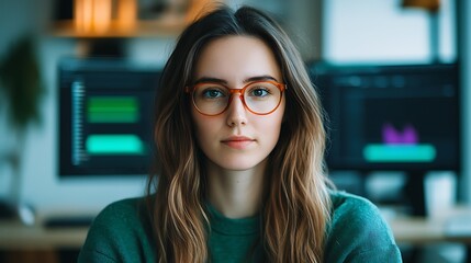 A young woman with glasses sits confidently in a modern workspace, with computer screens displaying data in the background.