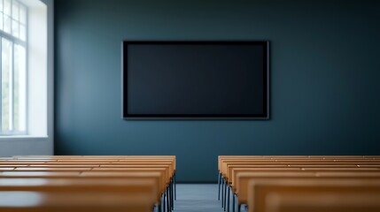 A modern classroom setting featuring rows of wooden seats facing a blank blackboard on a dark blue wall.