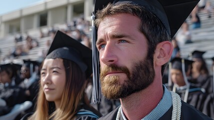 Fototapeta premium Graduates in academic regalia focus intently during commencement ceremony, radiating accomplishment and anticipation for the future ahead.