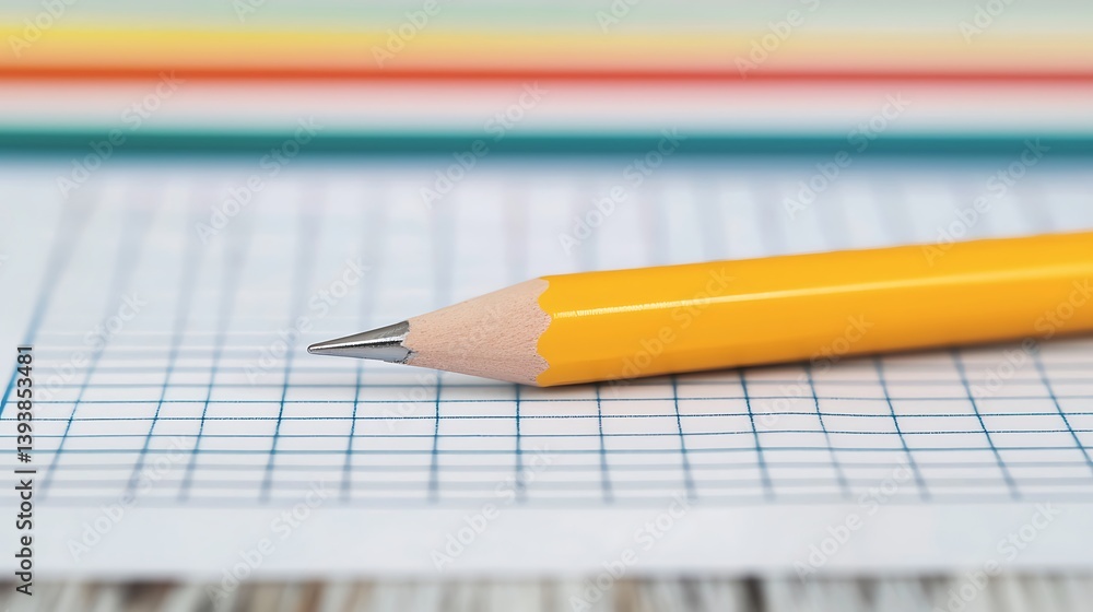 Poster a close-up of a sharpened yellow pencil resting on a grid-patterned sheet of paper, surrounded by co