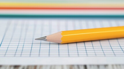 A close-up of a sharpened yellow pencil resting on a grid-patterned sheet of paper, surrounded by colorful lines in the background.