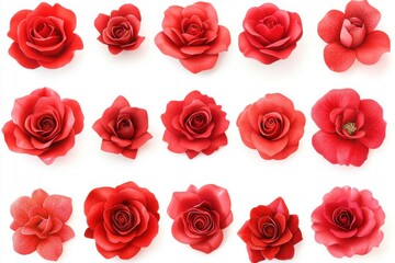 Collection of red rose blooms isolated on white background