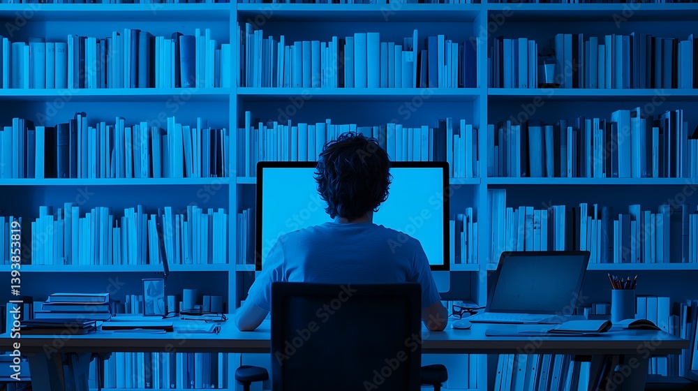 Poster a person sits in front of a computer, illuminated by blue light, surrounded by shelves of books, cre