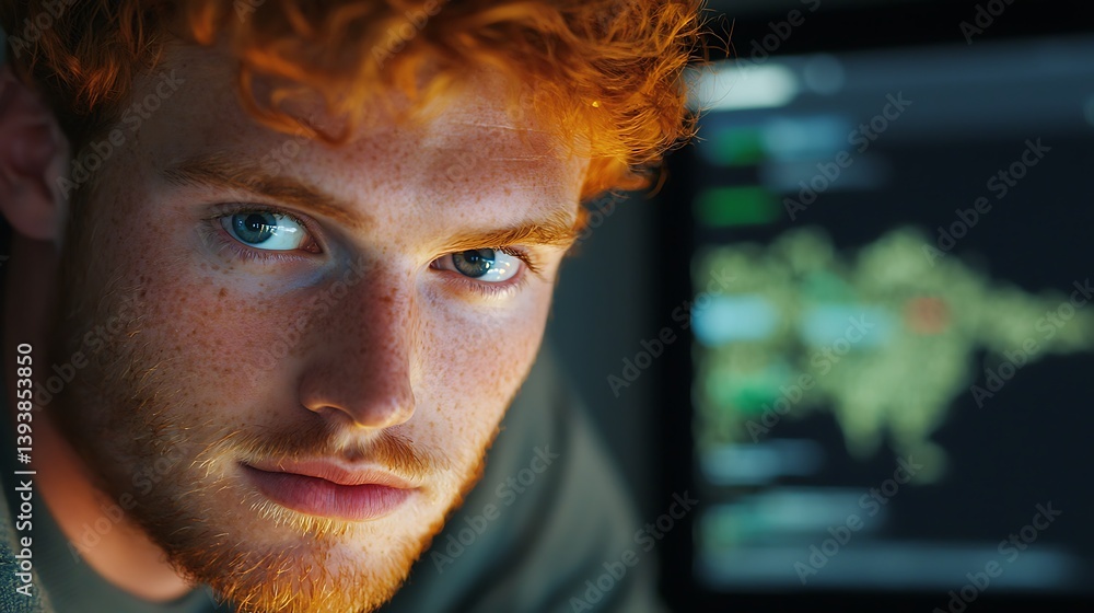 Poster a focused young man with red hair and freckles stares intently at a screen displaying data or graphs