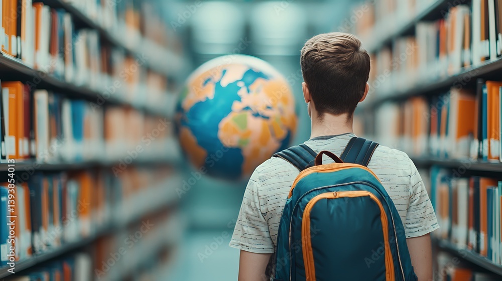 Poster a student stands in a library, gazing at a floating globe, surrounded by shelves filled with books, 