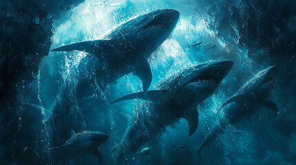 Fototapeta premium Sharks emerging from ocean cave, underwater scene, dark blue water, possible use thriller movie poster
