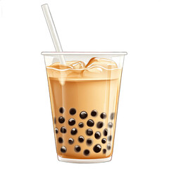 Refreshing bubble tea drink with tapioca pearls in a clear cup, set against a bright background