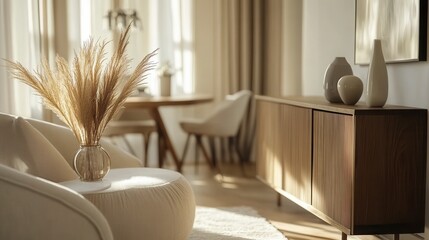 Sunlit living room with beige armchair, wooden sideboard, pampas grass.