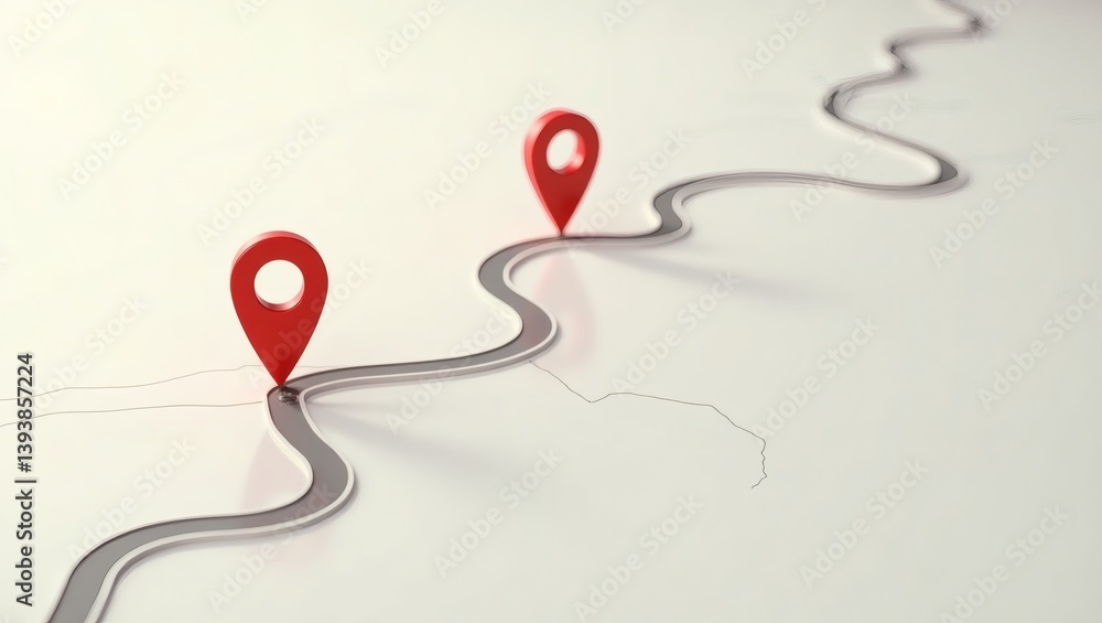 Poster Navigating the road ahead: two red markers pinpointing the path on a winding road map, symbolizing a journey and strategic planning.