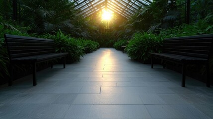 Fototapeta premium Sunlit Greenhouse Pathway