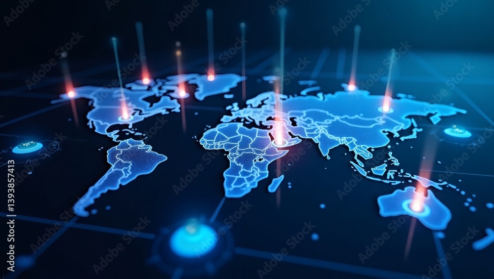 Poster a digital world map highlighting global network connections, symbolizing international communication
